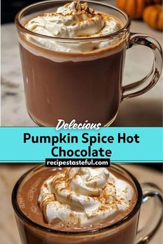 pumpkin spice hot chocolate in a glass mug with whipped cream on top