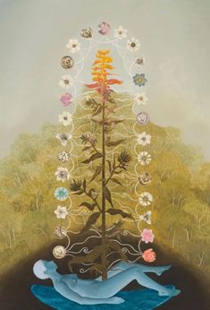 an image of a painting with flowers and trees in the background, as if it were floating on water