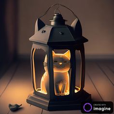 a lantern with a cat sitting on it's side, next to a mouse