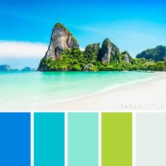 the color palette is blue, green, and white with an island in the background