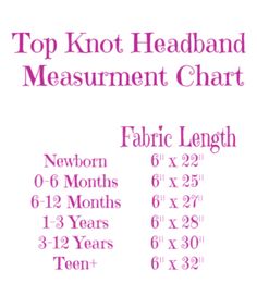 the top knot headband measurement chart is shown in pink and white, with numbers for each