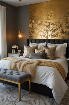 a large bed sitting in a bedroom next to a window with gold foil on it