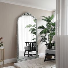 a large mirror sitting on top of a wooden floor next to a chair and potted plant