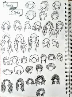 a notebook with sketches of different hairs and hair styles on the pages, including one woman's head