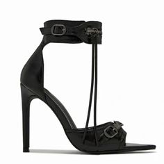 High Heel Sandals With Buckle Closure, Ankle Strap Heels With Reinforced Heel In Faux Leather, Black Ankle Strap Heels With Buckle Closure, High Heel Sandals With Reinforced Heel For Office, Faux Leather Heels With Pointed Toe, Edgy Faux Leather Closed Toe Heels, Edgy Heels With Buckle Closure And Pointed Toe, Edgy Open Toe Heels With Buckle Closure, High Heels With Buckle Closure For Office