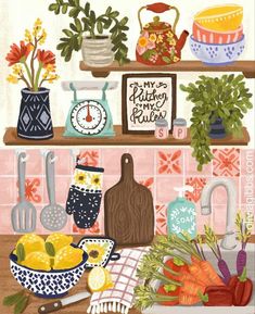 a painting of kitchen items on shelves with the words my potting time is here