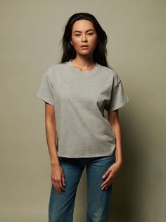 The classic crewneck you've been looking for is here, featuring a ribbed neckline, short sleeves and drop shoulders for the ultimate off-duty vibe. (This one comes in Heather Grey.) | Women's Jessa Short Sleeve Top in Heather Grey | Ethical Essentials Crop Top Blanco, Boxy Crop Top, Nation Ltd, Denim Joggers, Long Sleeve Flannel, Casual Hat, Solid & Striped, Ribbed Neckline, Paige Denim