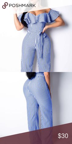 Jumpsuit Blue /White Stripped Off Shoulder Ruffled  Jumpsuit w/belt Pants Jumpsuits & Rompers Ruffled Jumpsuit, Belt Pants, Jumpsuit Blue, Ruffle Jumpsuit, Belted Pants, Pant Jumpsuit, Two Piece Pant Set, Jumpsuit Romper, Off Shoulder