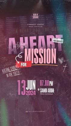 a poster with the words heart mission for youth in pink and purple colors on it