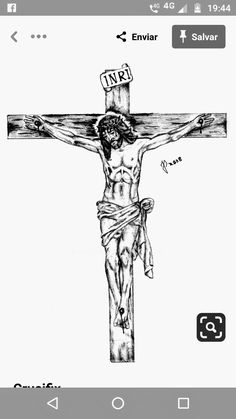 a drawing of the crucifix is shown in black and white on an iphone