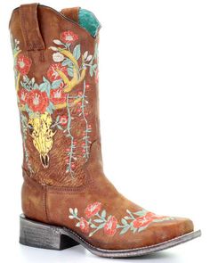 Corral Women's Deer Skull Overlay Western Boots - Square Toe Deer Skull Flowers, Skull Overlay, Cute Cowgirl Boots, Skull Flowers