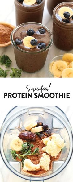 the ingredients for this smoothie include bananas, blueberries, and chocolate puddings