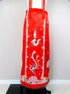 "This is a RARE and STUNNING oriental vintage piece hand embellished with crystal rhinestones, sequins, seed beads and glass beading. It's in excellent condition! Waist - 31\" Hips - 35\" Length - 52\" All of my items come from a smoke-free and pet-free home. If you have any questions, please don't hesitate to ask!" Traditional Embellished Skirt For Wedding, Traditional Embellished Wedding Skirt, Traditional Embellished Long Skirt, Traditional Embellished Festive Skirt, Traditional Long Embellished Skirt, Traditional Embellished Skirt For Festive Occasions, Traditional Long Embellished Dress, Traditional Embroidered Skirt With Drape, Festive Red Embroidered Skirt