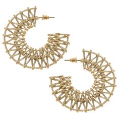 Experience tropical vibes with these Alexandra Metal-Plated Rattan Flat Hoop Earrings! Upgrade your style with the worn gold finish, and give your outfit some extra pizzazz with the textured rattan for a one-of-a-kind look. Take a vacation and let these statement-making earrings take you there! DETAILS: Base Metal with Worn Gold Plating 2"L x 2"W Bohemian Gold Hoop Earrings For Spring, Trendy Gold Hoop Earrings For Vacation, Gold Earrings For Beach Spring Season, Gold Hoop Earrings For Summer Beach, Gold Round Earrings For Vacation, Summer Beach Gold Hoop Earrings, Summer Gold Woven Jewelry, Chic Gold Earrings For Vacation, Trendy Gold Hoop Earrings For Spring