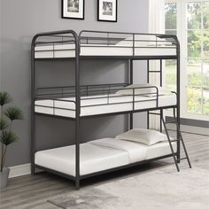 a metal bunk bed with white mattresses in a room next to a potted plant