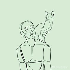 a drawing of a man with a cat on his shoulders