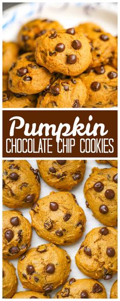 pumpkin chocolate chip cookies stacked on top of each other with text overlay that reads pumpkin chocolate chip cookies