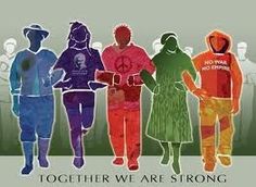 a group of people standing next to each other with the words together we are strong