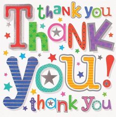 a thank card with the words thank you in colorful letters and stars on white background