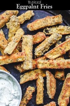 fried eggplant fries on a tray with ranch dip