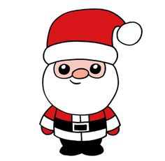 a cartoon santa claus with a red hat and black pants, standing in front of a white background