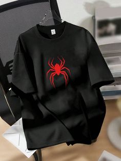 Tween Boys' Casual Round Neck Knit Spider Printed T-Shirt, Fashionable Black Casual  Short Sleeve Knitted Fabric Animal,Colorblock,Tropical,Flamingo  Non-Stretch  Tween Boys Clothing, size features are:Bust: ,Length: ,Sleeve Length: Red Crew Neck Top For Halloween, Casual Black Halloween Top, Black Crew Neck Top For Halloween, Casual Halloween Crew Neck Tops, Black Crew Neck T-shirt With Cartoon Print, Shirts For Teens Boys, Trendy Boy Outfits, Tropical Flamingo, Teen Boy Outfits