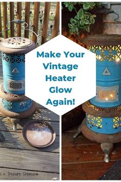 an old fashioned stove is turned into a planter with lights on it and the words make your vintage heater glow again