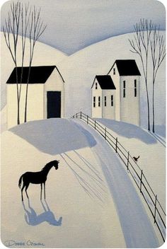 a painting of a horse standing in the snow next to a white barn and fence