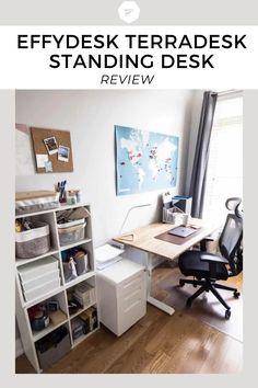 an office with desk, chair and bookshelf in the background text reads efydsk terradesk standing desk review