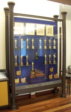 a display case filled with lots of trophies on top of a hard wood floor next to a dining room table