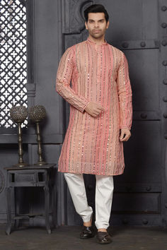 PINK GEORGETTE MIRROR WORK KURTA PYJAMA SET Mirror Work Kurta, Mirror Work, Pink Fabric, Pajamas, Dry Clean