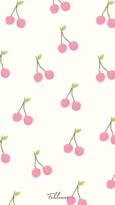 a white background with pink cherries and green leaves