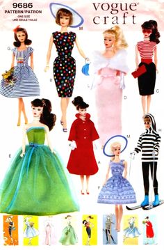 an advertisement for barbie dolls with different dresses and hats on the front, one is wearing a