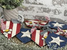 patriotic decorations are displayed on a table