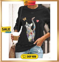 Women's T Shirt Tee Tunic Black Blue Green Cat Graphic Prints Print Long Sleeve Daily Basic Round Neck Long S Trendy Fall Tops With Cat Design, Black Cat Design Tops For Spring, Spring Long Sleeve Tops With Cat Design, Black Relaxed Fit Tops With Cat Design, Black Relaxed Fit Top With Cat Design, Cat Graphic, Round Neck Tops, Basic Tops, Cat Print