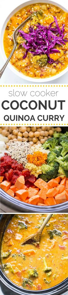 two plates filled with different types of food and the words slow cooker coconut quinoa curry