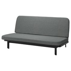 a gray couch sitting on top of a wooden frame