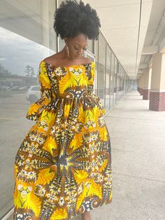 "African print Ankara full length maxi dress with pockets hand made dress Pleated waist  Yellow background with other multi color print  Model is wearing size 10 6 ft African Ankara full length long Dress handmade women dress with sides pockets multi color  print. Contact me for other sizes or if you want different body measurements.  Poly cotton fabrics  Check the measurement before purchasing.  Please take your measurements before you order. Please don't assume that you know your measurements because every store has their own size guide.  Let me know within 3 days after receiving the item that you want to return it. Cancel order within 12 hours after purchase. Item must be returned within 7 days after receiving. Buyer pay return cost Size Chart  Dress length 57 to 60 inches  US 2 (Waist Ankara Dress Long, Yellow Ankara Dress, Multicolor Printed Ankara Maxi Dress, Yellow Fitted Ankara Fabric Dress, Long Dress African, Yellow Ankara Fabric Maxi Dress, Maxi Dress With Pockets, Ankara Short Gown Styles, Made Dress