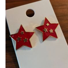 Express Red Star Shape W/ Gold-Toned Stars Stud Earrings. New! Red Star-shaped Earrings For Party, Red Star-shaped Party Earrings, Red Star-shaped Earrings With Star Charm, Red Star Charm Earrings, Red Star Charm Earrings For Gift, Double Stud Earrings, Red Earrings Stud, Red Studs, Bronze Earrings