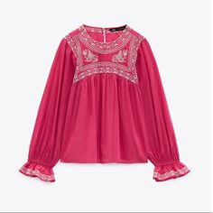 Nwt Zara Woman Blouse Top With Contrasting Embroidered Embroidery Pink Size M Floral Embroidered Long Sleeve Top For Festivals, Festive Long Sleeve Top With Floral Embroidery, Festive Long Sleeve Embroidered Top With Floral Embroidery, Festive Long Sleeve Floral Embroidered Top, Festive Long Sleeve Embroidered Top With Floral Design, Festive Tops With Geometric Embroidery, Zara Embroidered Long Sleeve Blouse, Long Sleeve Blouse With Resham Embroidery For Spring, Pink Folk Blouse With Floral Embroidery