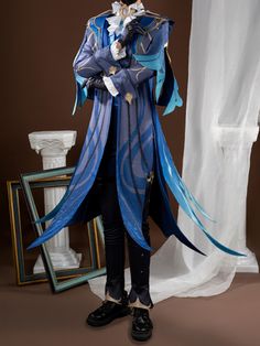 Includes: Coat, shirt, trousers, shawl, streamer, headgear, bow tie, gloves
Material: Embroidery, faux leather, soft yarn
Size: Female S-XL Blue Long Sleeve Cosplay Costume, Winter Long Sleeve Cosplay Costume For Fantasy Events, Blue Harajuku Costume For Costume Party, Blue Long Sleeve Costume For Cosplay Events, Blue Long Sleeve Costumes For Cosplay Events, Long Sleeve Costumes For Winter Costume Party, Winter Costume Party Long Sleeve Costumes, Fantasy Long Sleeve Cosplay Costume For Costume Party, Long Sleeve Fantasy Cosplay Costume For Fantasy Events