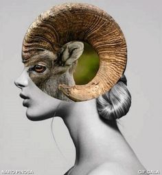 a woman's head with a ram on it