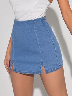 Ladies' Solid Color Split Hem Skinny Denim Shorts Medium Wash Casual   Denim Plain Skort Medium Stretch  Women Clothing, size features are:Bust: ,Length: ,Sleeve Length: Mad Outfits, Halloween Board, Women Denim Shorts, Jean Pencil Skirt, Short Pollera, Summer Shorts Denim, Denim Skirt Outfits, Summer Denim, Denim Shorts Women