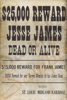 an old wanted poster with the words $ 350 reward for jesse james dead or alive