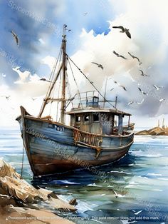 a painting of a fishing boat in the water with seagulls flying around it