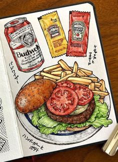 a drawing of a burger and french fries on a plate next to ketchup