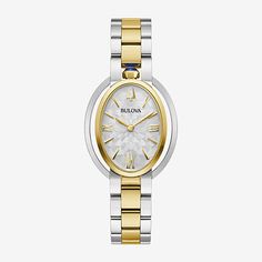 Capturing the uncompromising elegance of the iconic Rubaiyat collection, this Bulova women's timepiece makes a bold statement with its unique case and distinctive dial. Fully polished, the oval gold -and silver-tone stainless steel case is accented by sweeping bands that extend from end to end, adding a dynamic presence on the wrist. The gold-tone crown, positioned at 12 o'clock, is set with a blue synthetic spinel cabochon, while the sapphire crystal ensures optimum legibility. The elegant silv Anniversary Jewelry And Watches With Metal Rectangular Dial, Timeless Metal Dial Jewelry And Watches For Anniversary, Timeless Jewelry With Skeleton Dial For Anniversary, Polished Anniversary Jewelry And Watches, White Gold Watch Accessories For Anniversary, Watch Movement, White Dial, Roman Numerals, O Clock