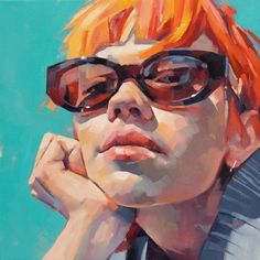 a painting of a woman with red hair and glasses