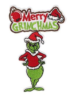 an embroidered patch with the grin on it's head and merry grinmas hat