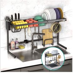 a kitchen sink filled with dishes and utensils next to a wall mounted dish rack